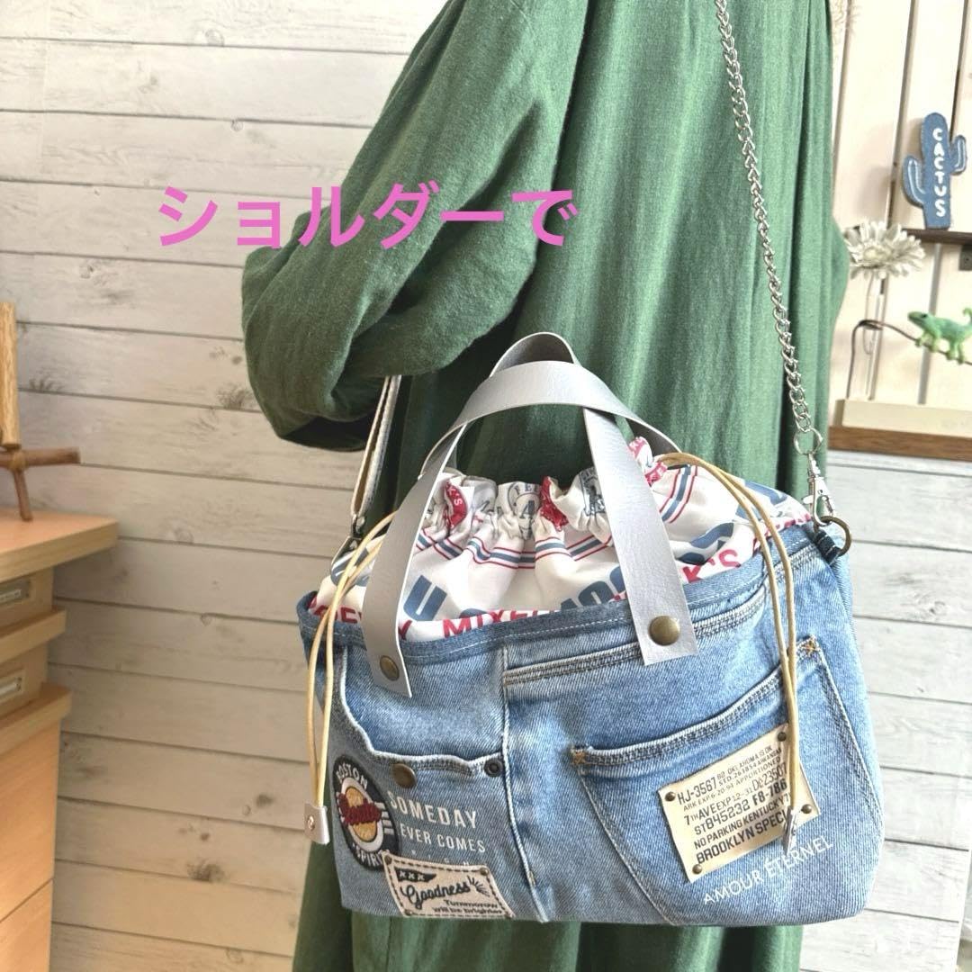 Amazon.co.jp: デニムリメイク 巾着バッグ 3way あおりポケット